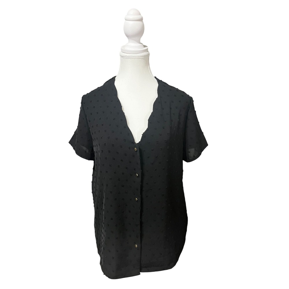 Black Textured Button Front Blouse Minimalist Workwear Chic M